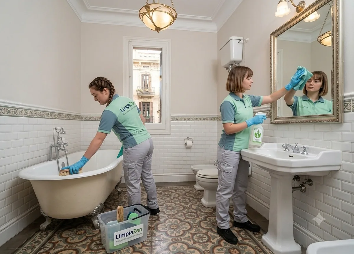 Equipo profesional limpiando bañera, espejo, lavabo y suelos de un baño en Valencia